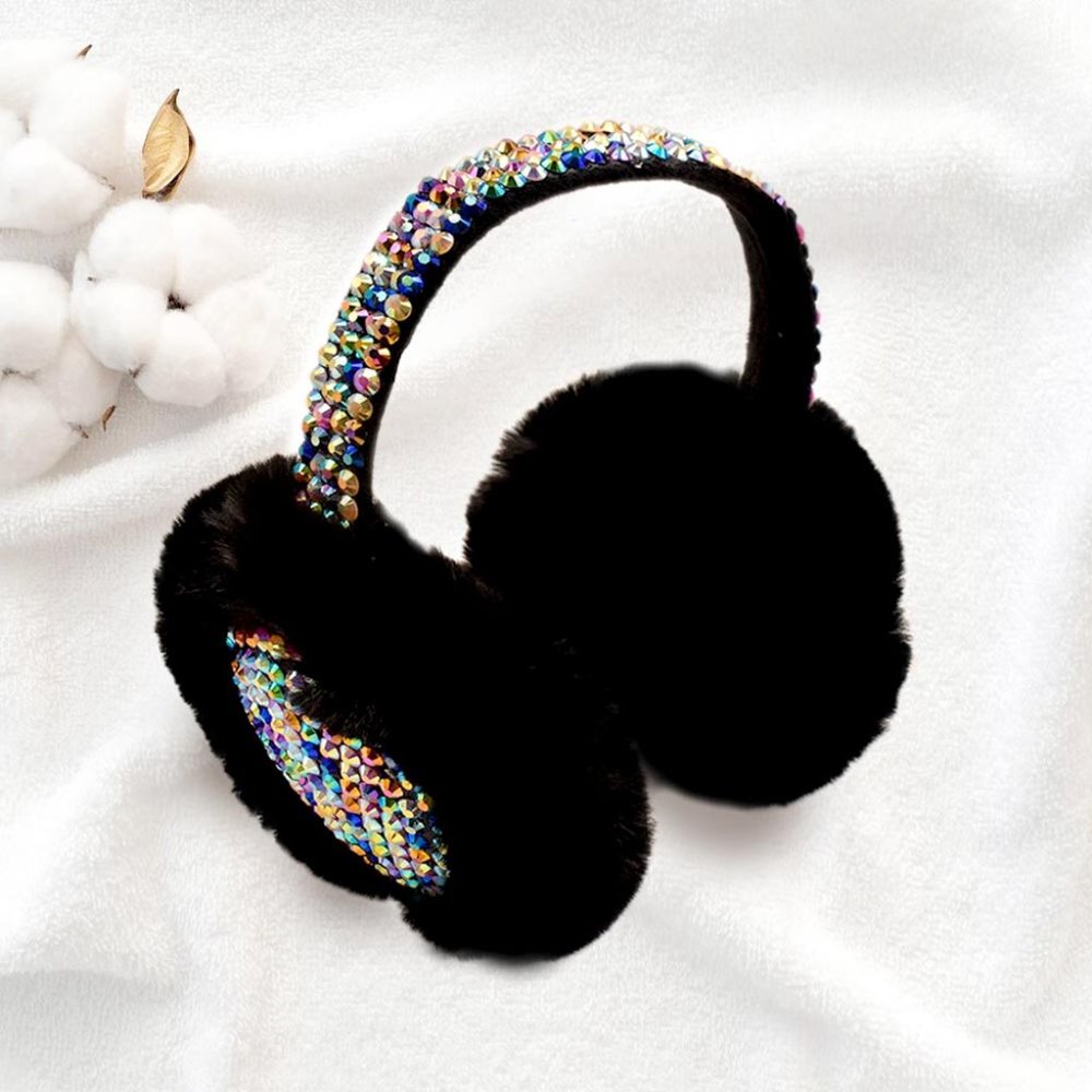 STUDDED FLUFFY PLUSH FAUX FUR FOLDABLE EARMUFFS, COZY EAR WARMER - Picture 7 of 7